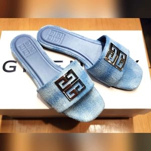 Givenchy 4G Slide Sandal, Medium Blue, Flat, 100% Cotton, Size 36 EU, Size 5.5 W